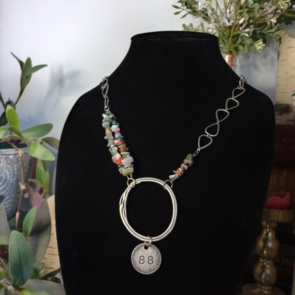Boho Silver And Multicolor Stone Statement Neckla… - image 1